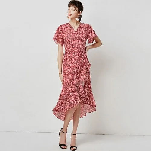 Floral Print Long Dress Women Casual V Neck