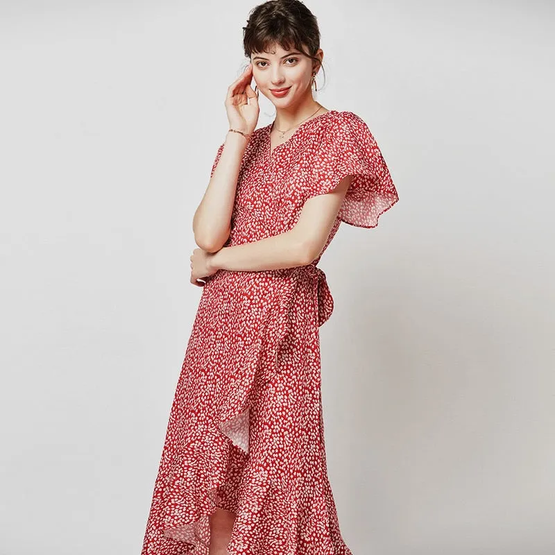 Floral Print Long Dress Women Casual V Neck