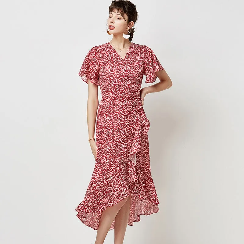 Floral Print Long Dress Women Casual V Neck