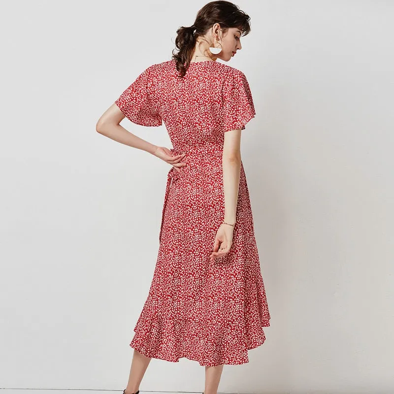 Floral Print Long Dress Women Casual V Neck