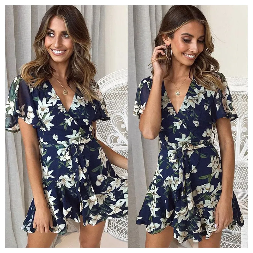 Floral Short Sleeve Tunic High Waist Mini Dress