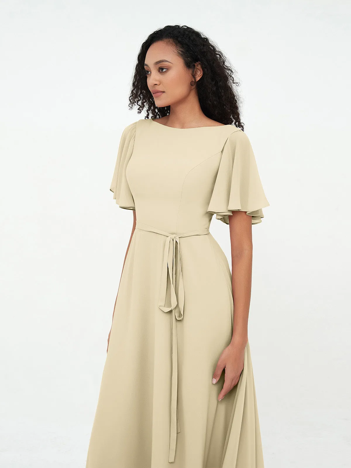 Flutter Sleeves Chiffon Max Dresses with Sash Bow-Champagne
