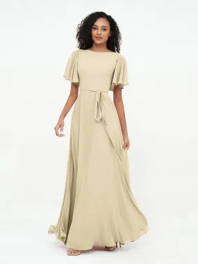 Flutter Sleeves Chiffon Max Dresses with Sash Bow-Champagne