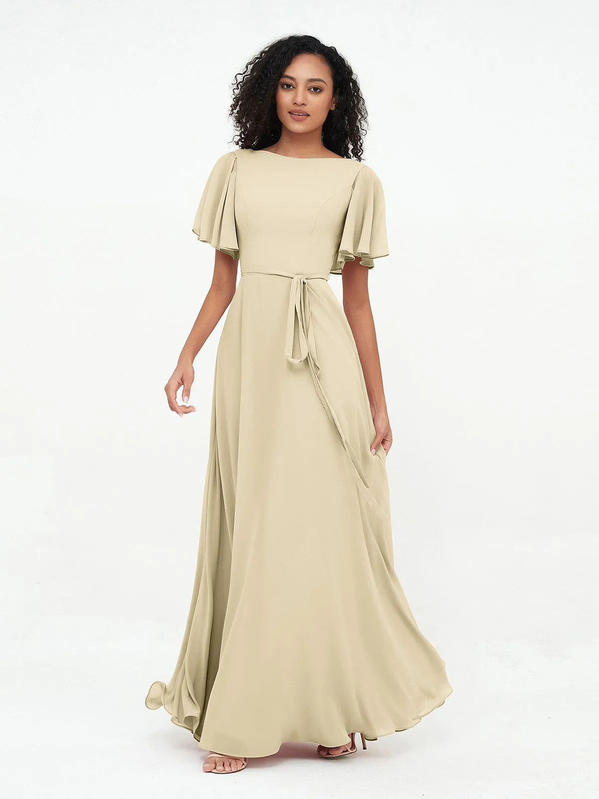 Flutter Sleeves Chiffon Max Dresses with Sash Bow-Champagne