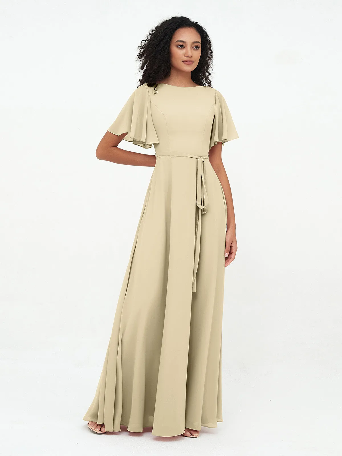 Flutter Sleeves Chiffon Max Dresses with Sash Bow-Champagne