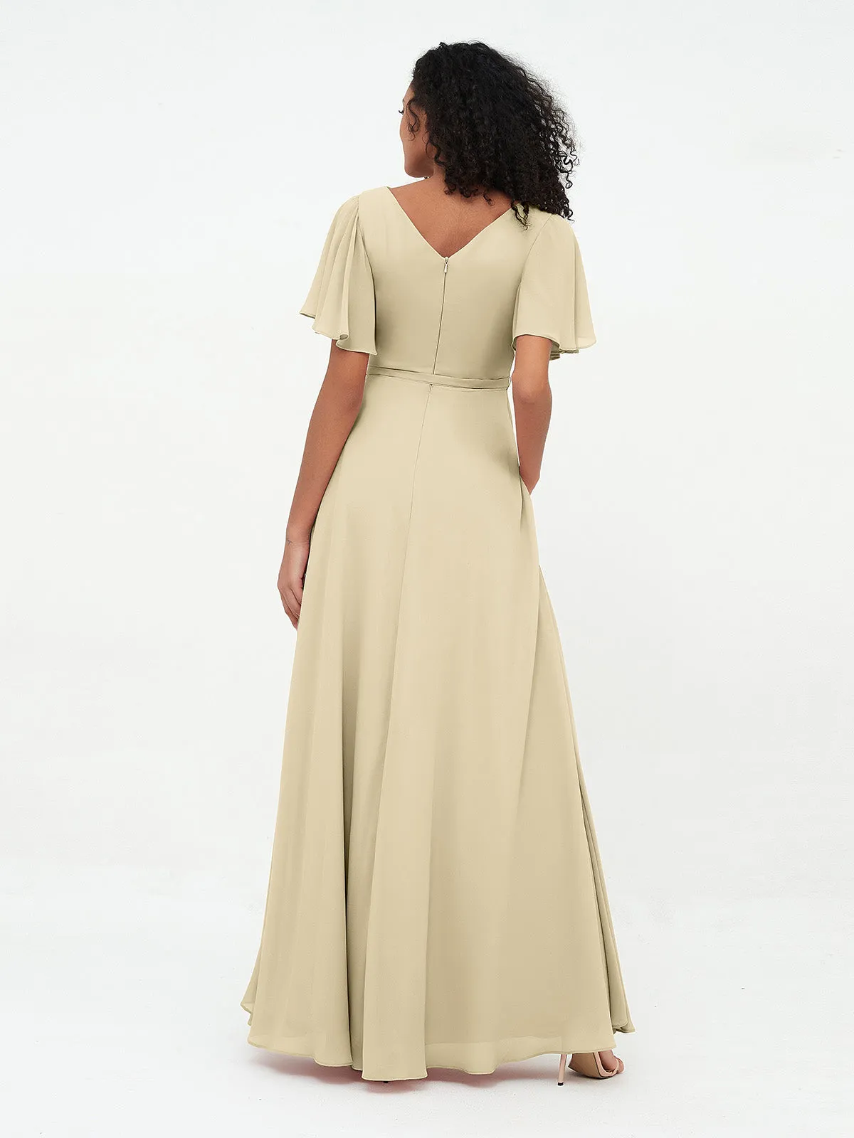 Flutter Sleeves Chiffon Max Dresses with Sash Bow-Champagne