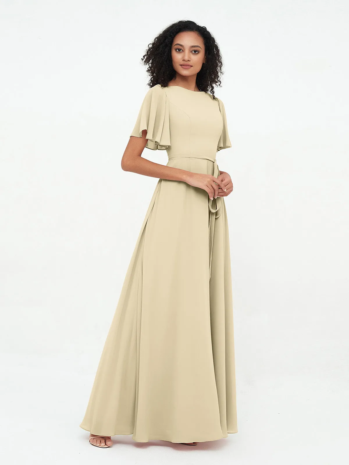 Flutter Sleeves Chiffon Max Dresses with Sash Bow-Champagne