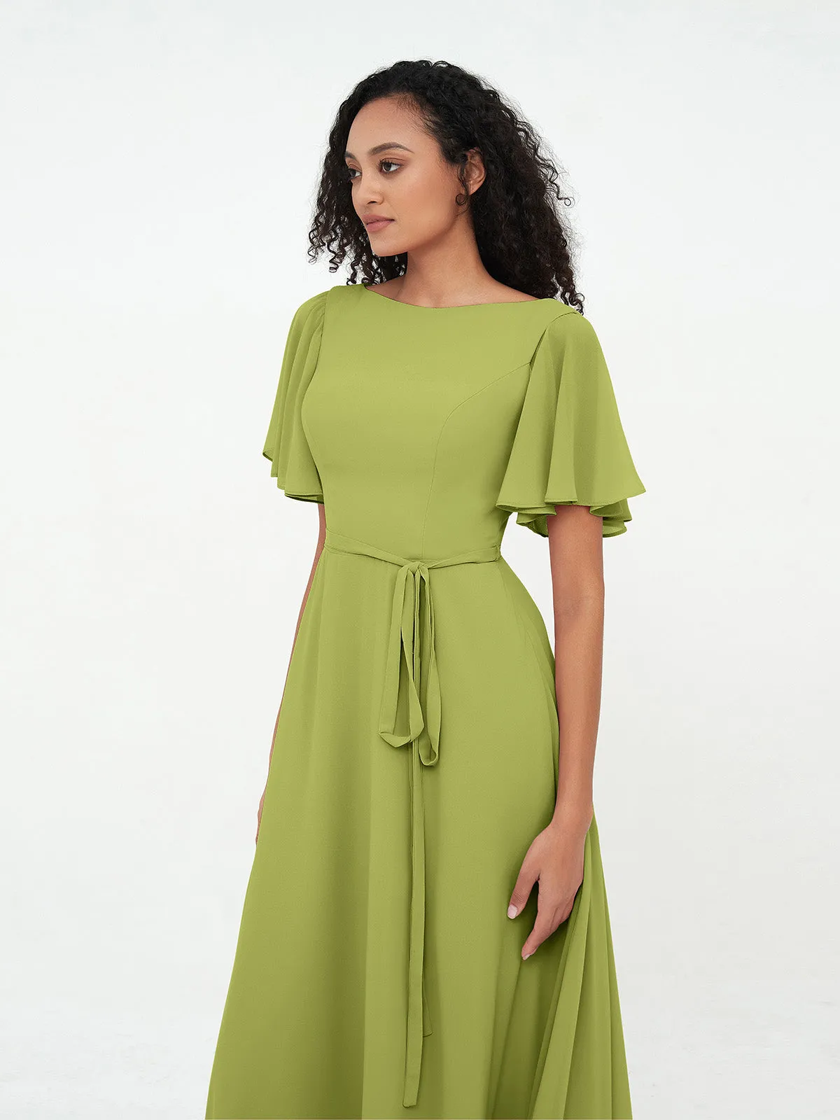 Flutter Sleeves Chiffon Max Dresses with Sash Bow-Clover