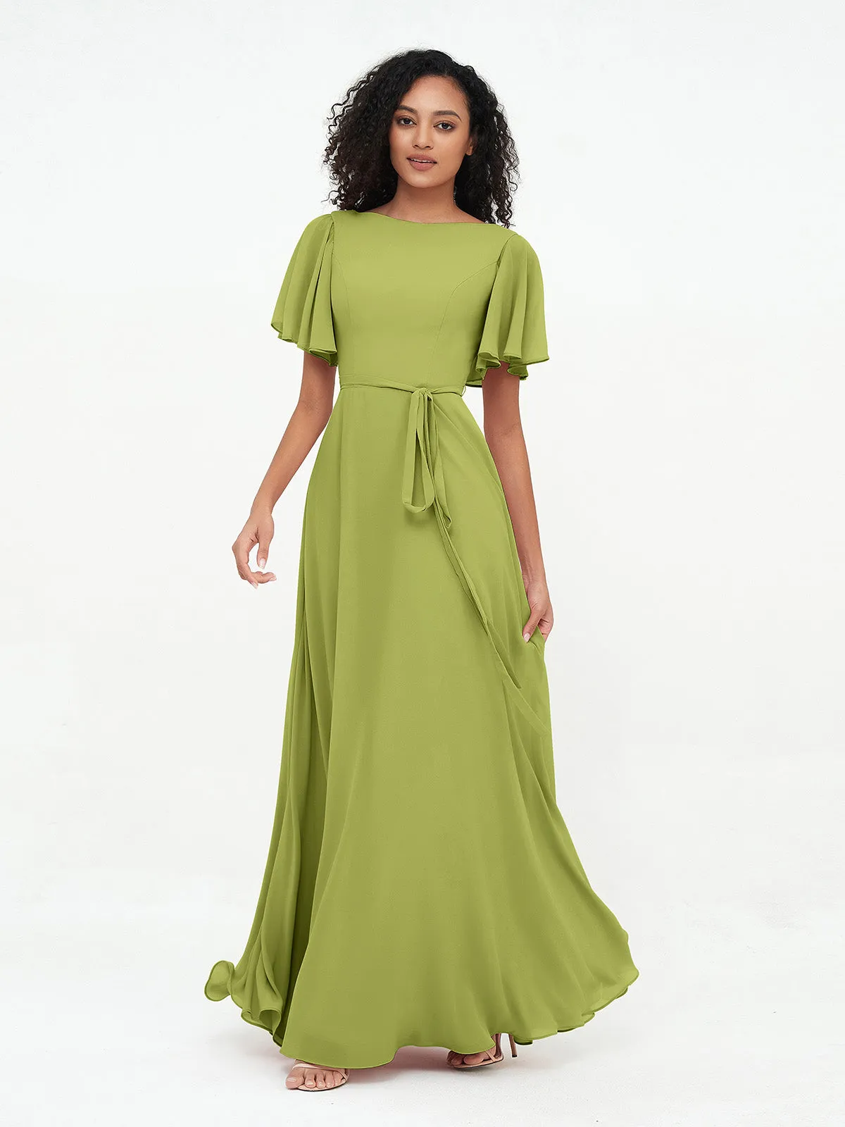 Flutter Sleeves Chiffon Max Dresses with Sash Bow-Clover