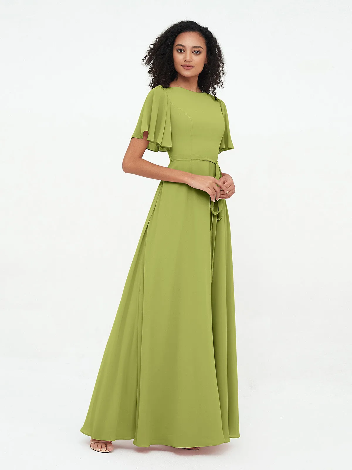 Flutter Sleeves Chiffon Max Dresses with Sash Bow-Clover