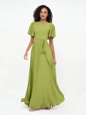 Flutter Sleeves Chiffon Max Dresses with Sash Bow-Clover