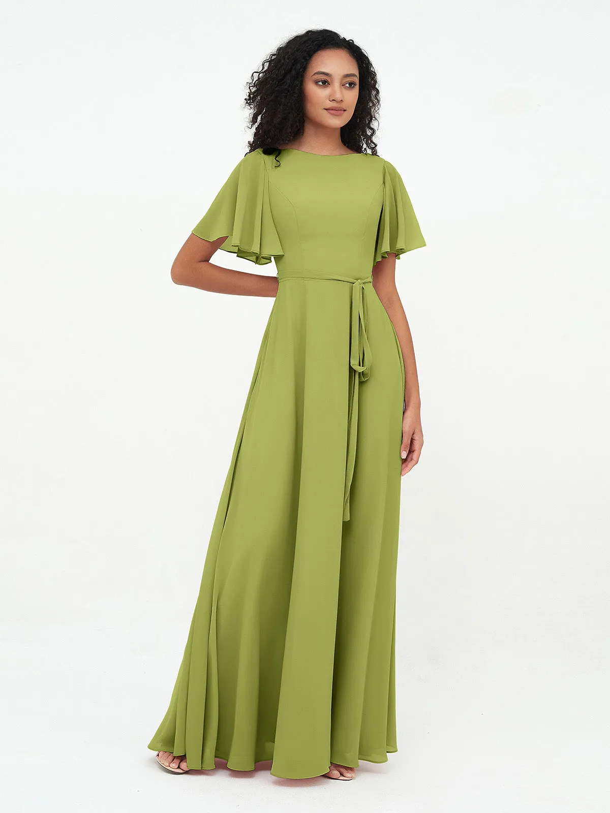 Flutter Sleeves Chiffon Max Dresses with Sash Bow-Clover
