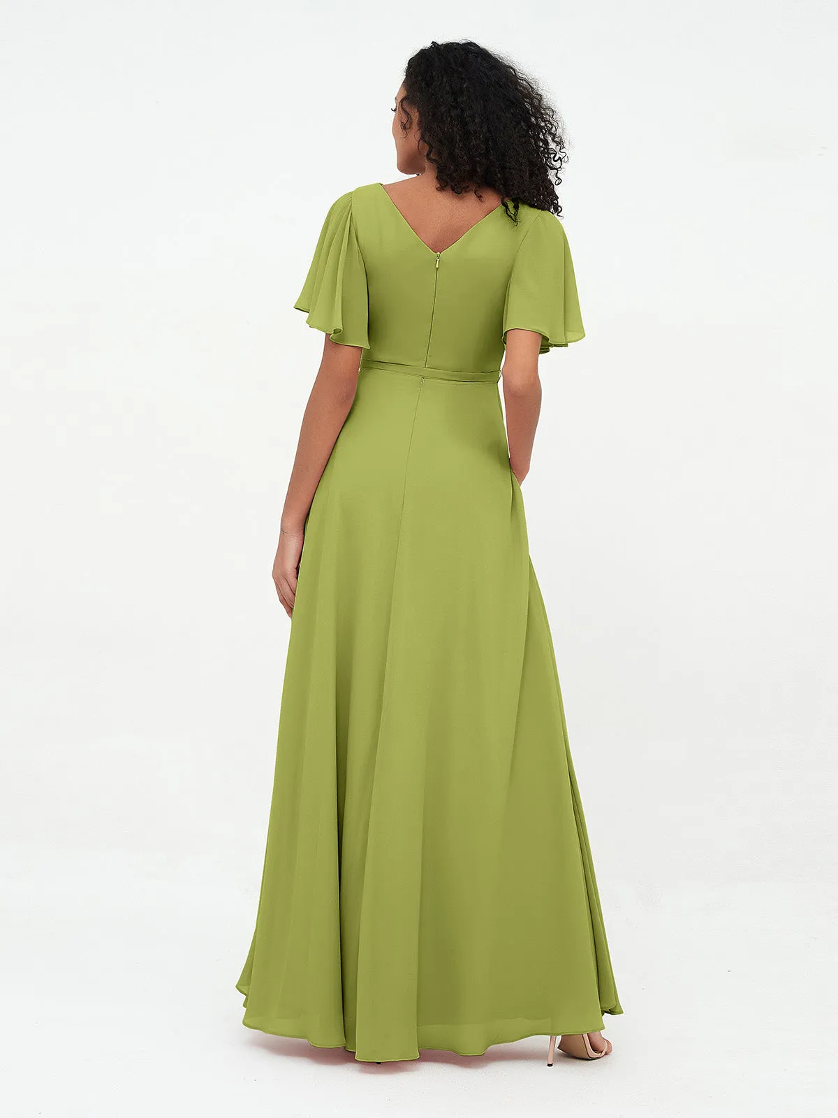 Flutter Sleeves Chiffon Max Dresses with Sash Bow-Clover