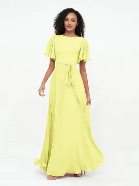 Flutter Sleeves Chiffon Max Dresses with Sash Bow-Daffodil