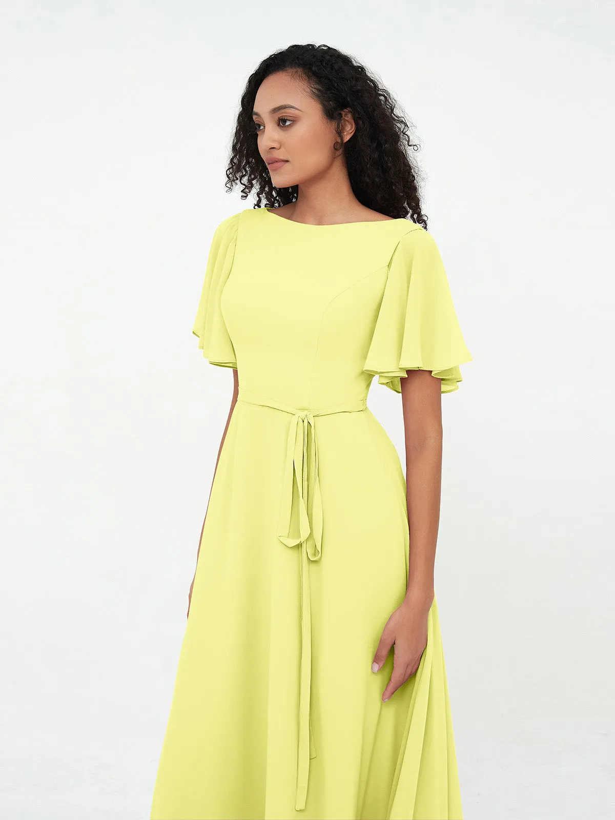 Flutter Sleeves Chiffon Max Dresses with Sash Bow-Daffodil