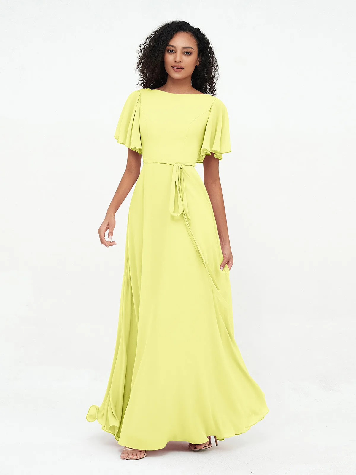 Flutter Sleeves Chiffon Max Dresses with Sash Bow-Daffodil