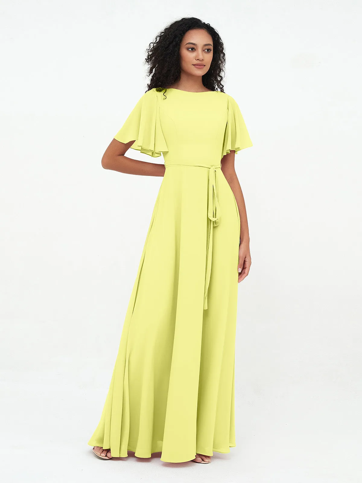 Flutter Sleeves Chiffon Max Dresses with Sash Bow-Daffodil