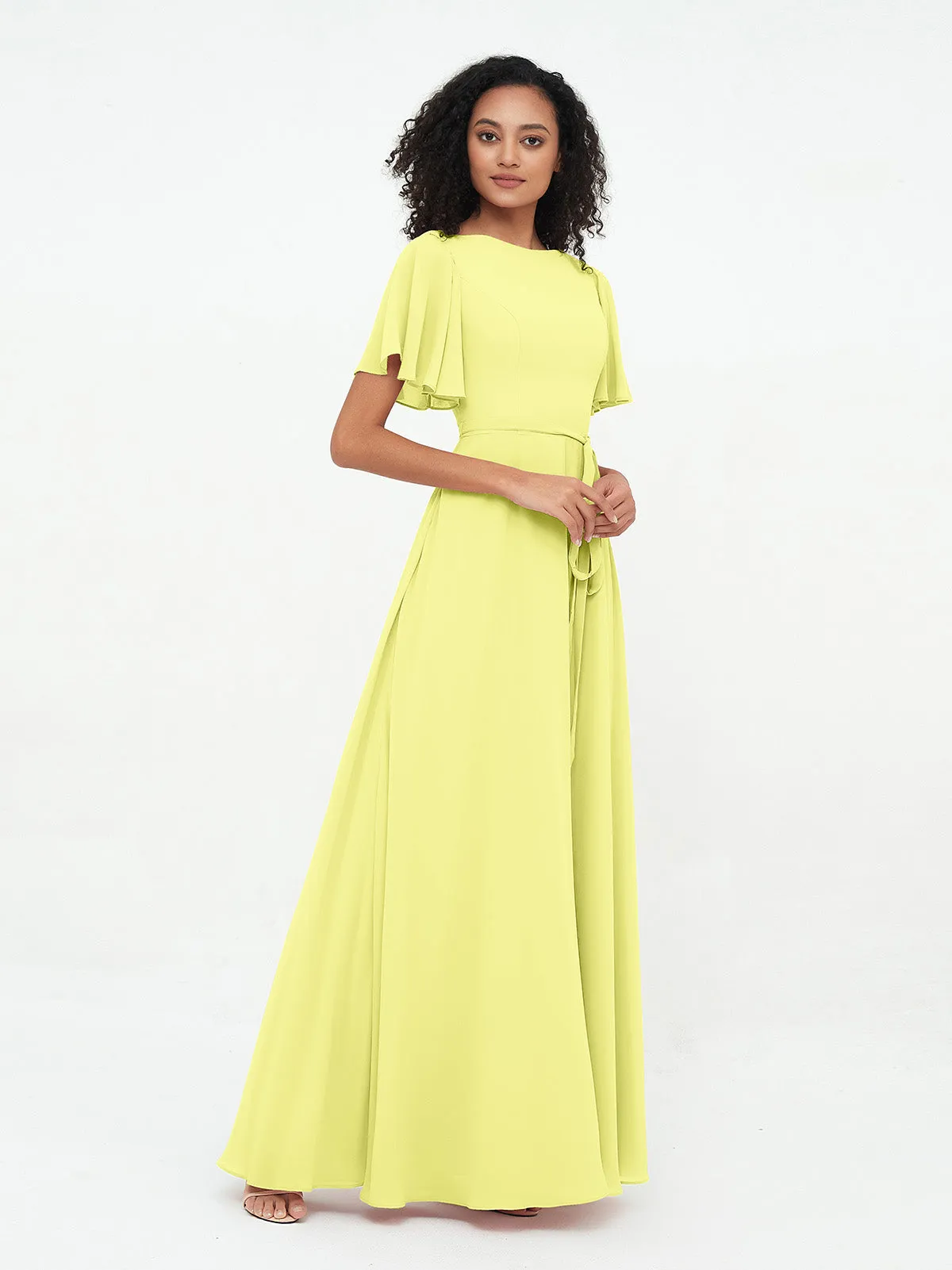 Flutter Sleeves Chiffon Max Dresses with Sash Bow-Daffodil