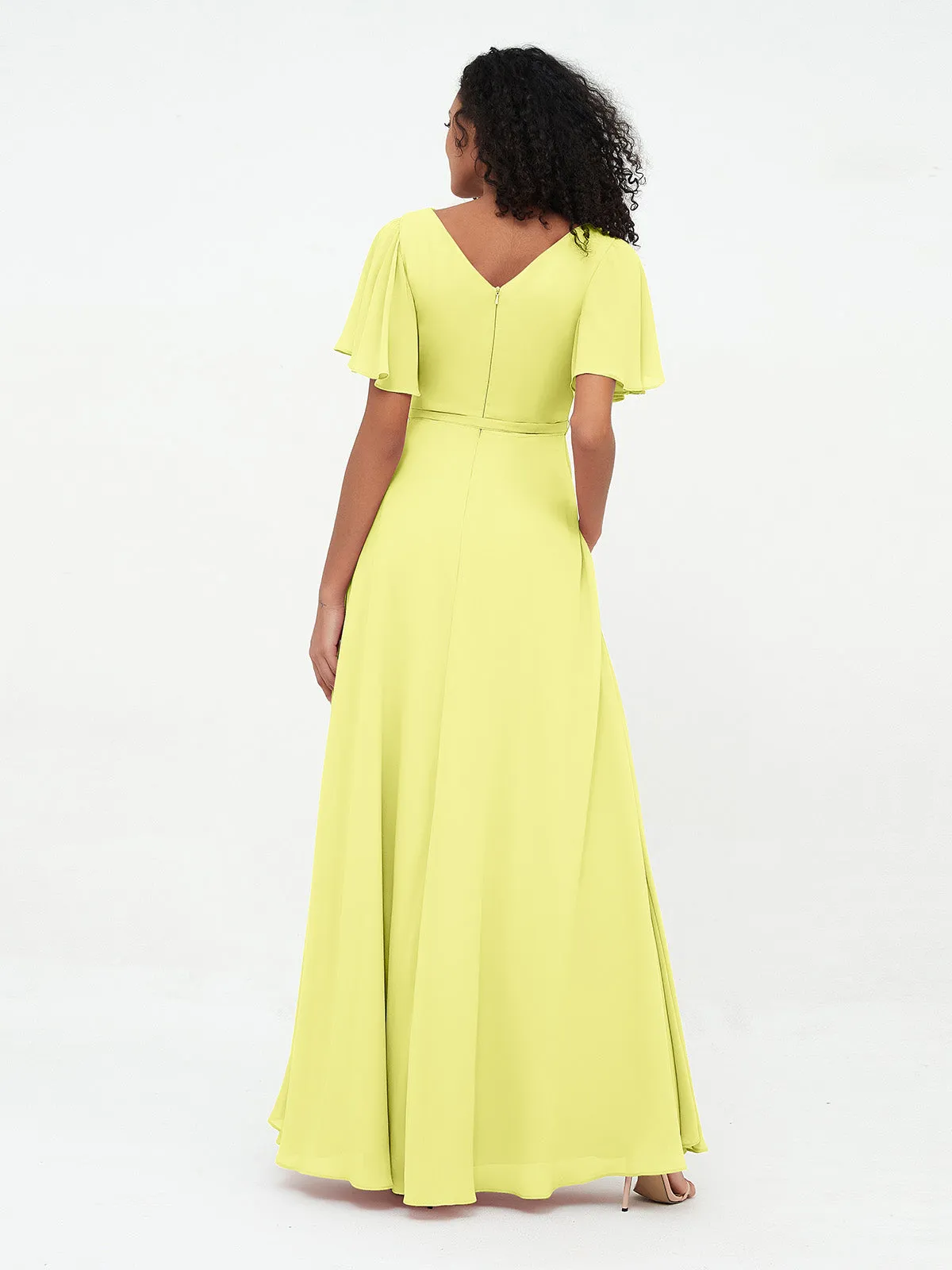 Flutter Sleeves Chiffon Max Dresses with Sash Bow-Daffodil