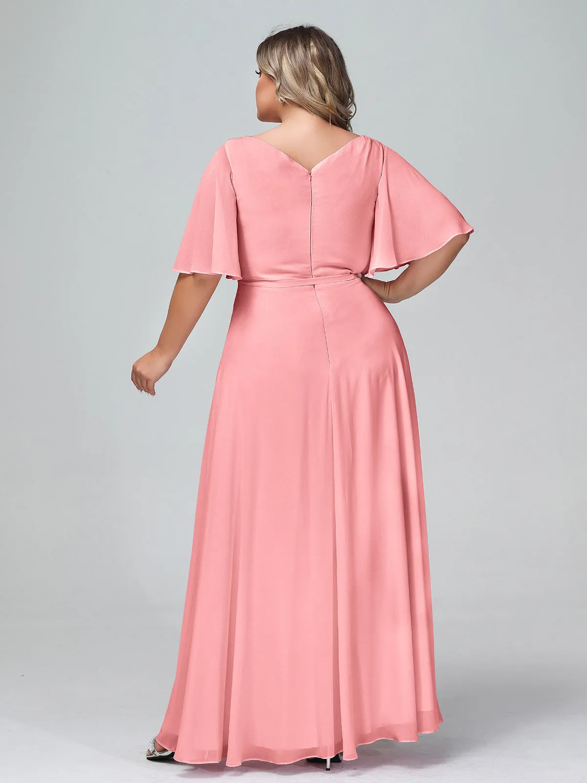 Flutter Sleeves Chiffon Max Dresses with Sash Bow-Flamingo Plus Size