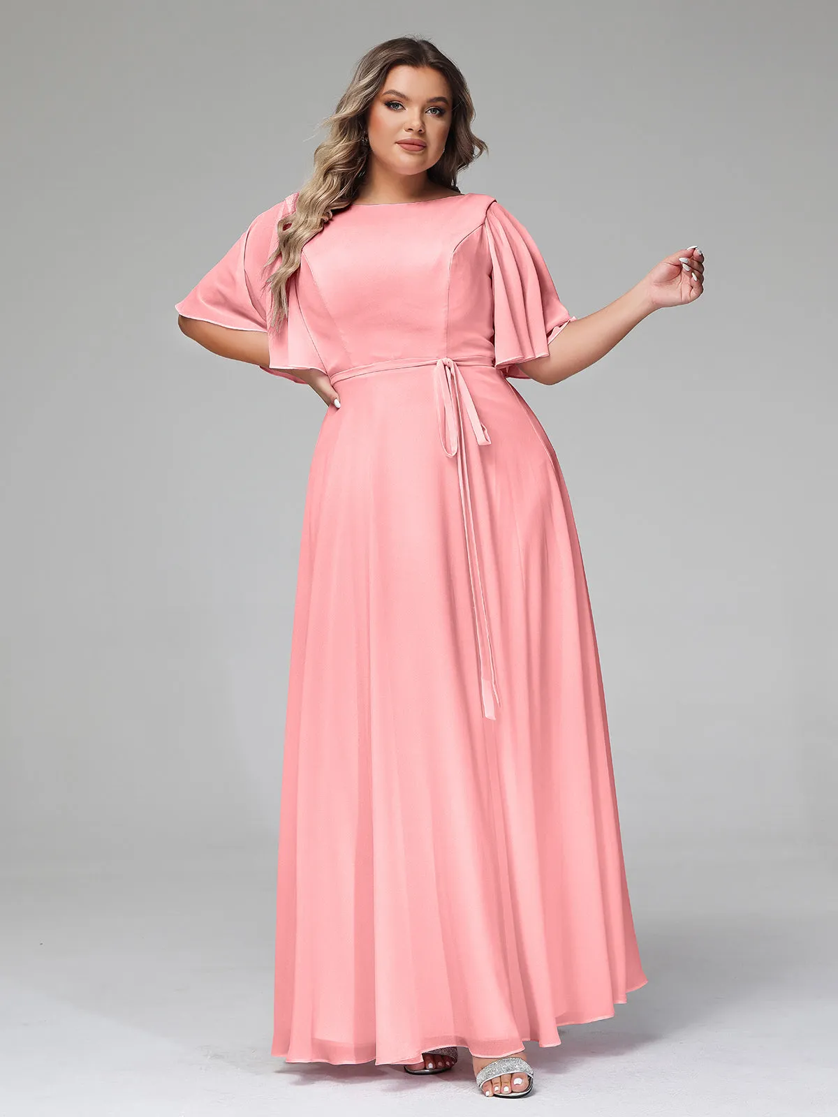 Flutter Sleeves Chiffon Max Dresses with Sash Bow-Flamingo Plus Size