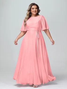 Flutter Sleeves Chiffon Max Dresses with Sash Bow-Flamingo Plus Size