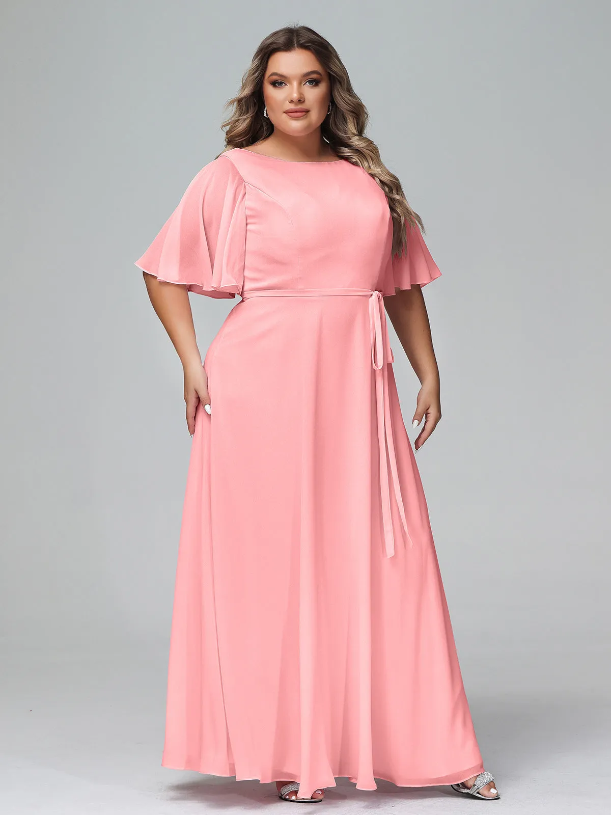 Flutter Sleeves Chiffon Max Dresses with Sash Bow-Flamingo Plus Size