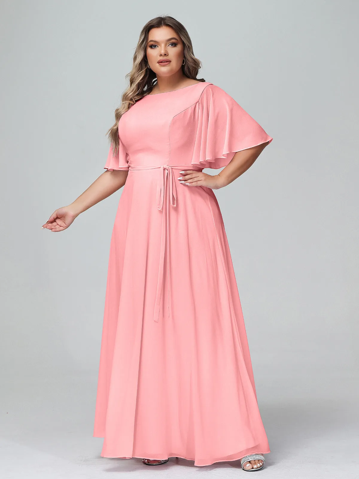 Flutter Sleeves Chiffon Max Dresses with Sash Bow-Flamingo Plus Size