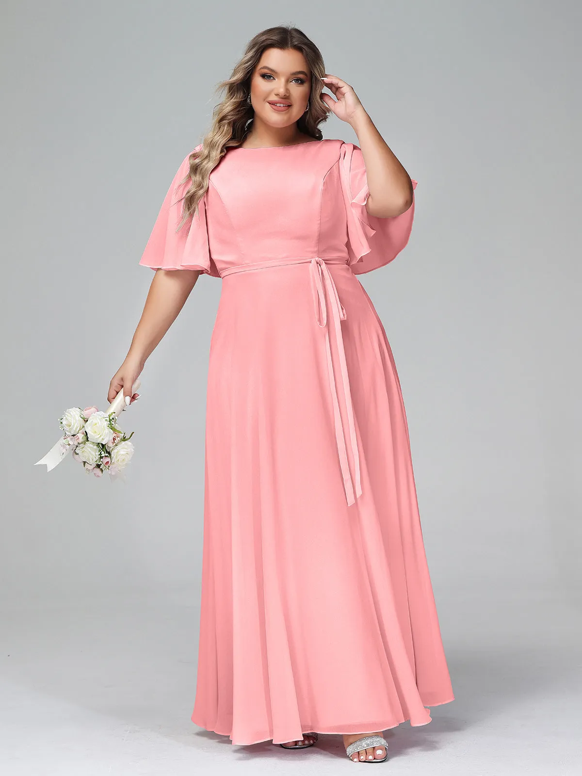 Flutter Sleeves Chiffon Max Dresses with Sash Bow-Flamingo Plus Size
