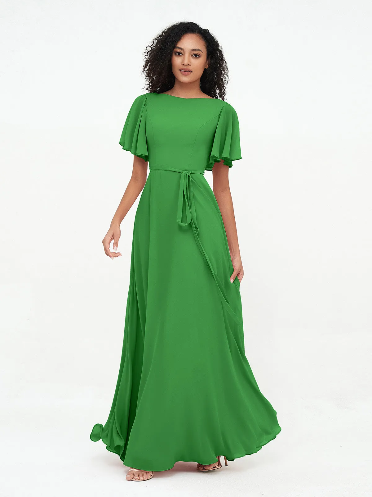 Flutter Sleeves Chiffon Max Dresses with Sash Bow-Green