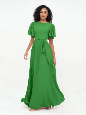 Flutter Sleeves Chiffon Max Dresses with Sash Bow-Green