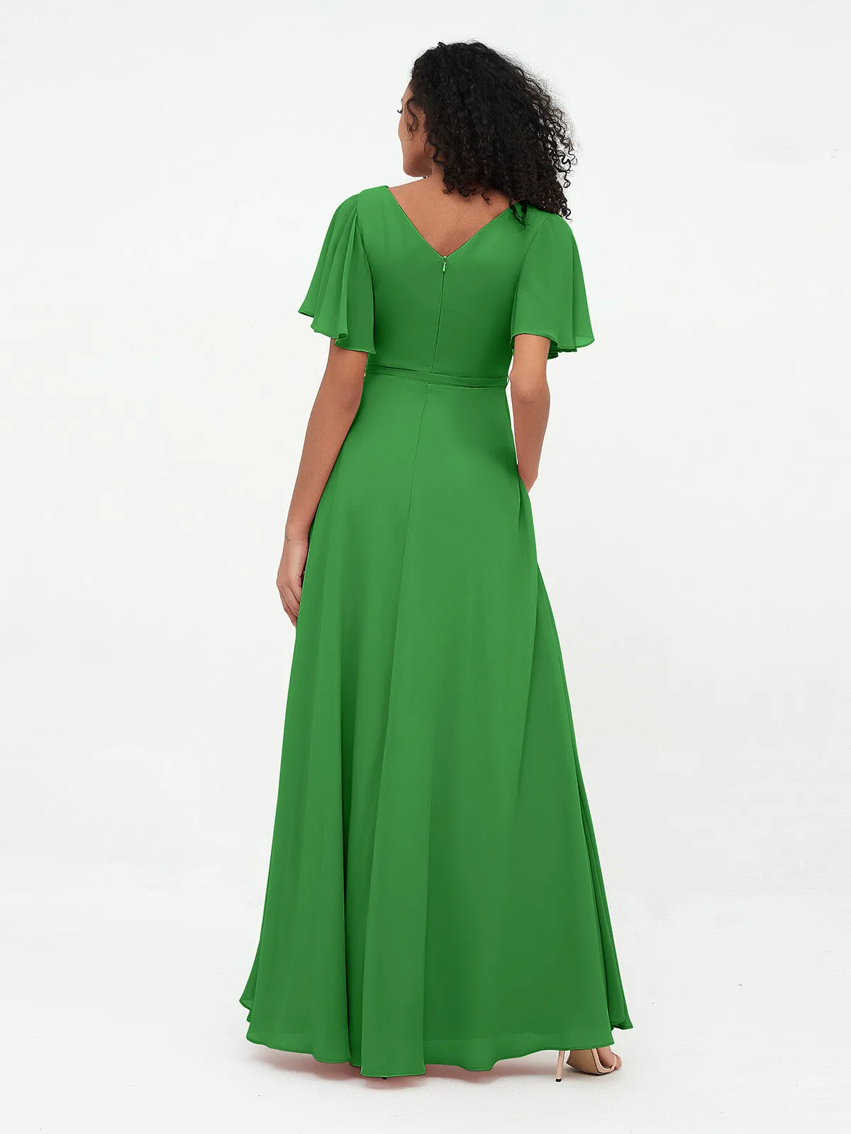 Flutter Sleeves Chiffon Max Dresses with Sash Bow-Green