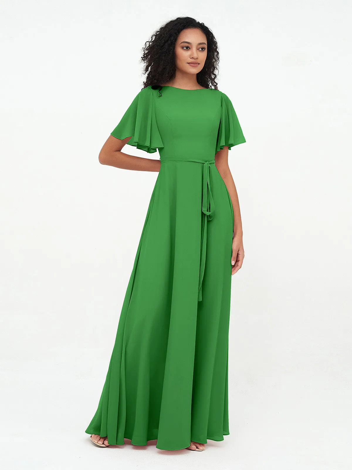 Flutter Sleeves Chiffon Max Dresses with Sash Bow-Green