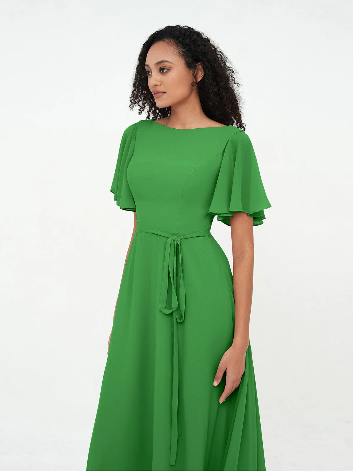 Flutter Sleeves Chiffon Max Dresses with Sash Bow-Green