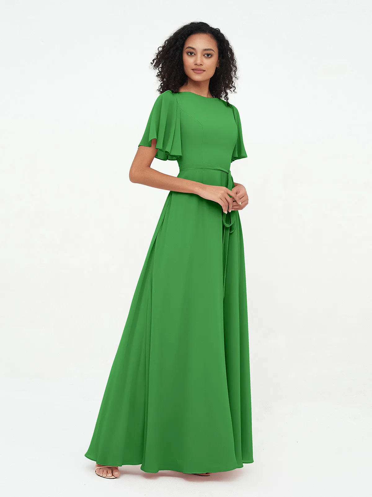 Flutter Sleeves Chiffon Max Dresses with Sash Bow-Green