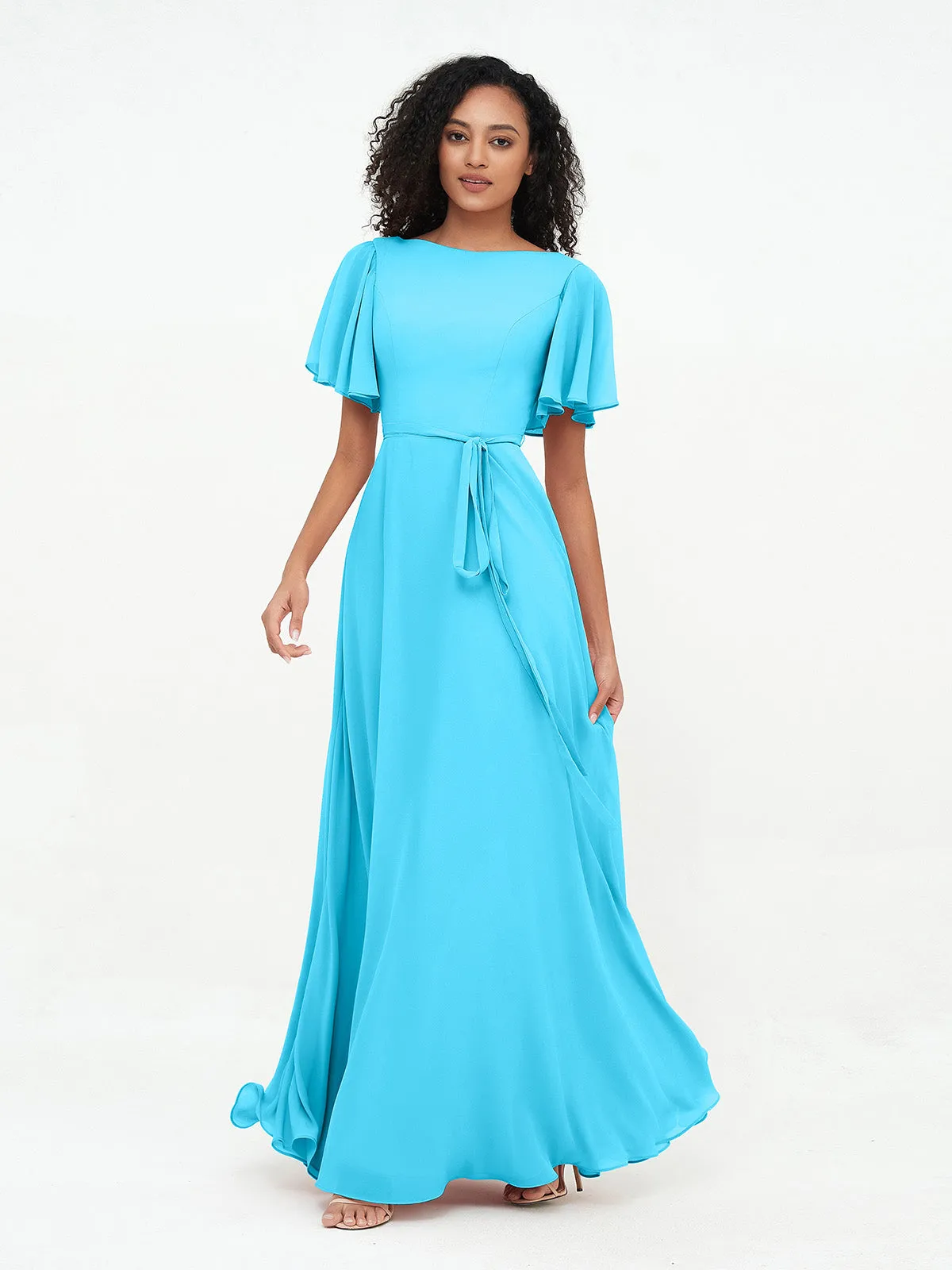 Flutter Sleeves Chiffon Max Dresses with Sash Bow-Pool