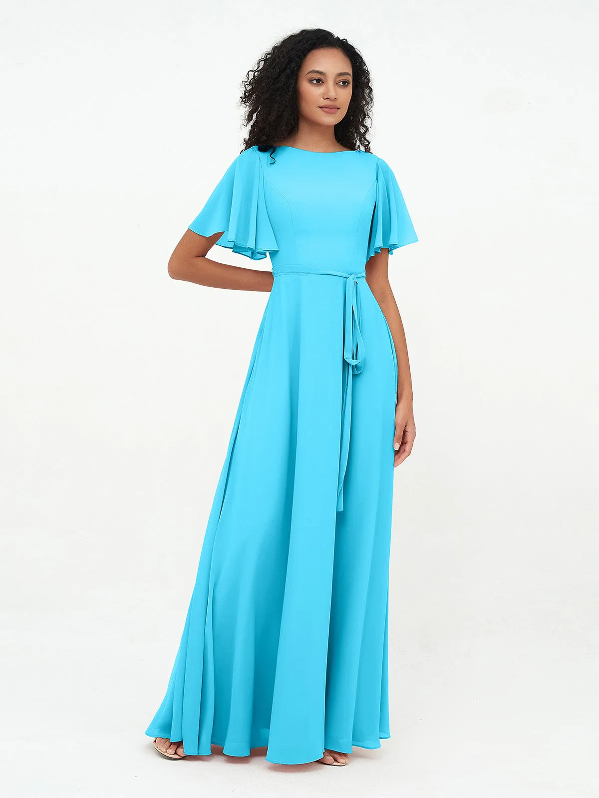 Flutter Sleeves Chiffon Max Dresses with Sash Bow-Pool