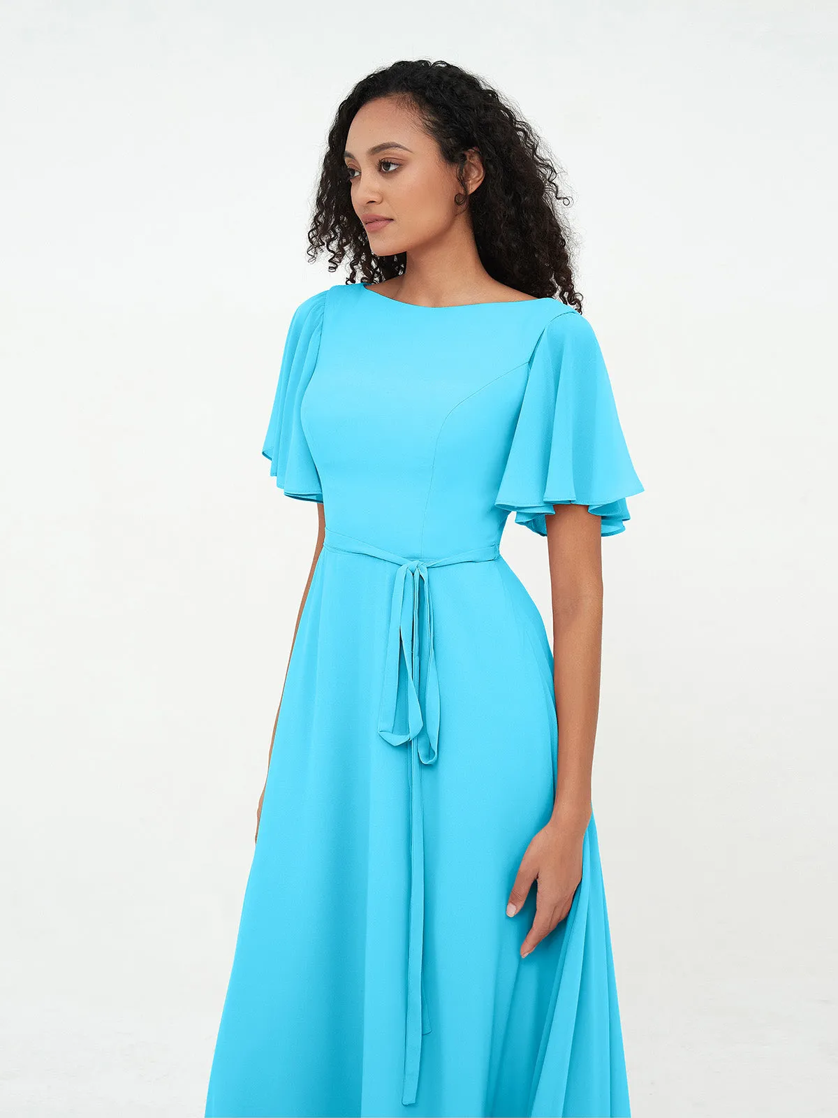 Flutter Sleeves Chiffon Max Dresses with Sash Bow-Pool