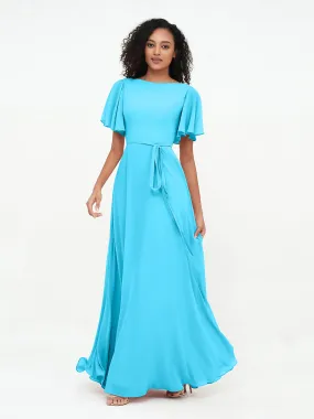 Flutter Sleeves Chiffon Max Dresses with Sash Bow-Pool
