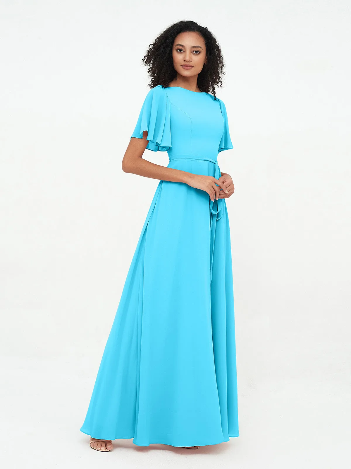 Flutter Sleeves Chiffon Max Dresses with Sash Bow-Pool
