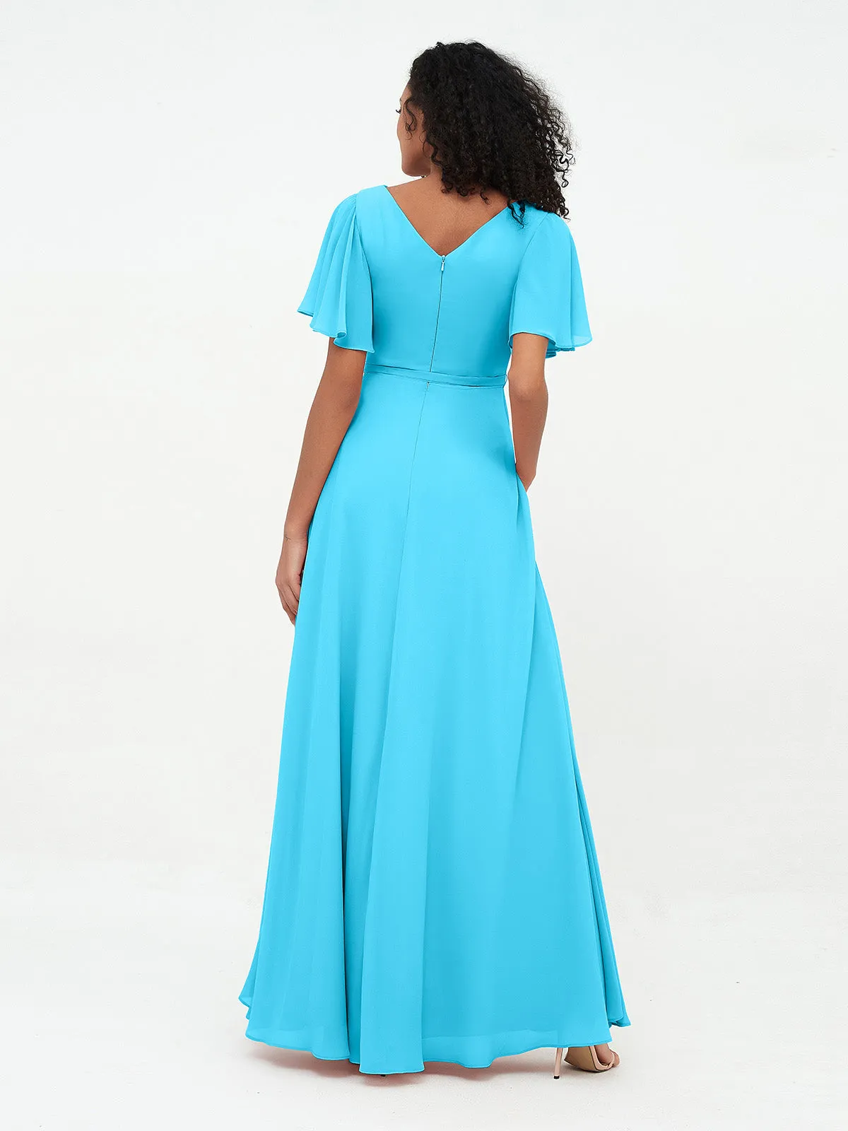 Flutter Sleeves Chiffon Max Dresses with Sash Bow-Pool