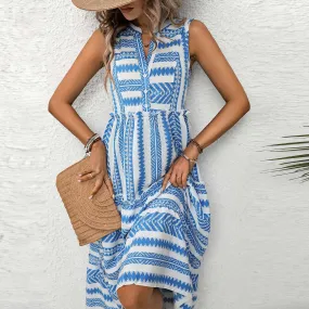 Frill Printed Notched Sleeveless Dress