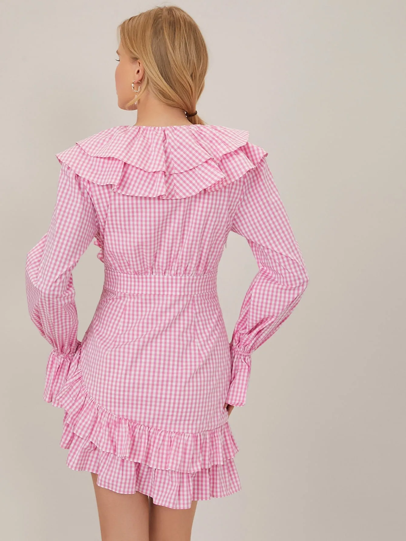 Gingham Asymmetrical Long Sleeve Deep V Neck Layered/Tiered High Waist Short Dress