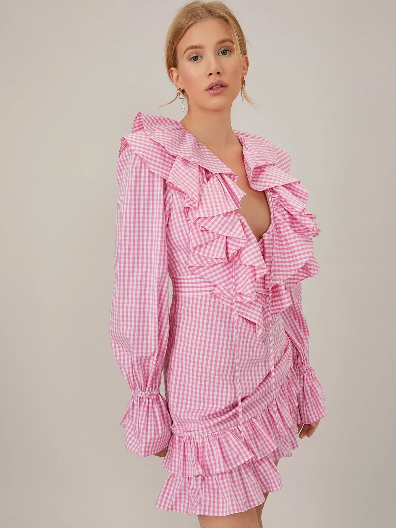 Gingham Asymmetrical Long Sleeve Deep V Neck Layered/Tiered High Waist Short Dress