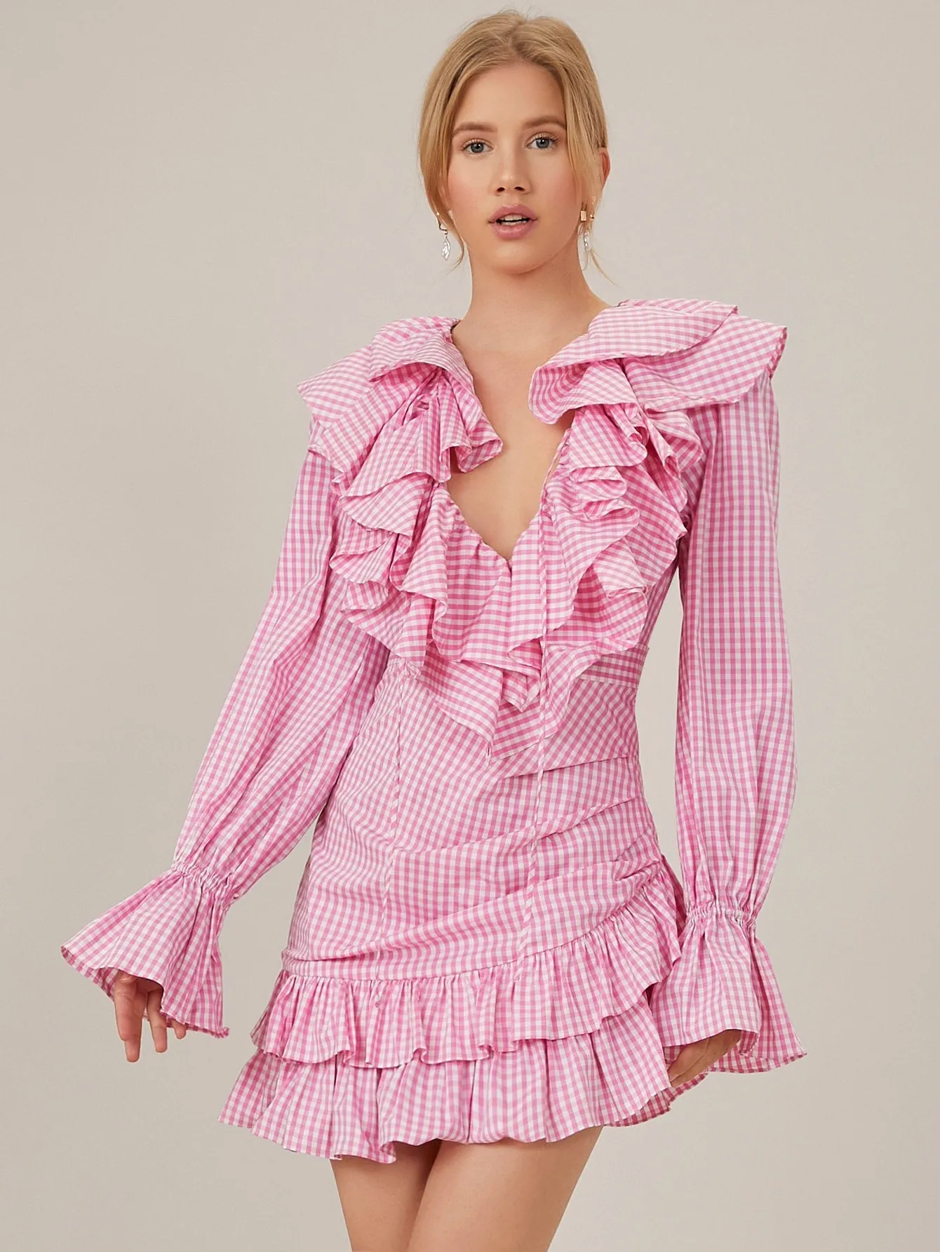 Gingham Asymmetrical Long Sleeve Deep V Neck Layered/Tiered High Waist Short Dress