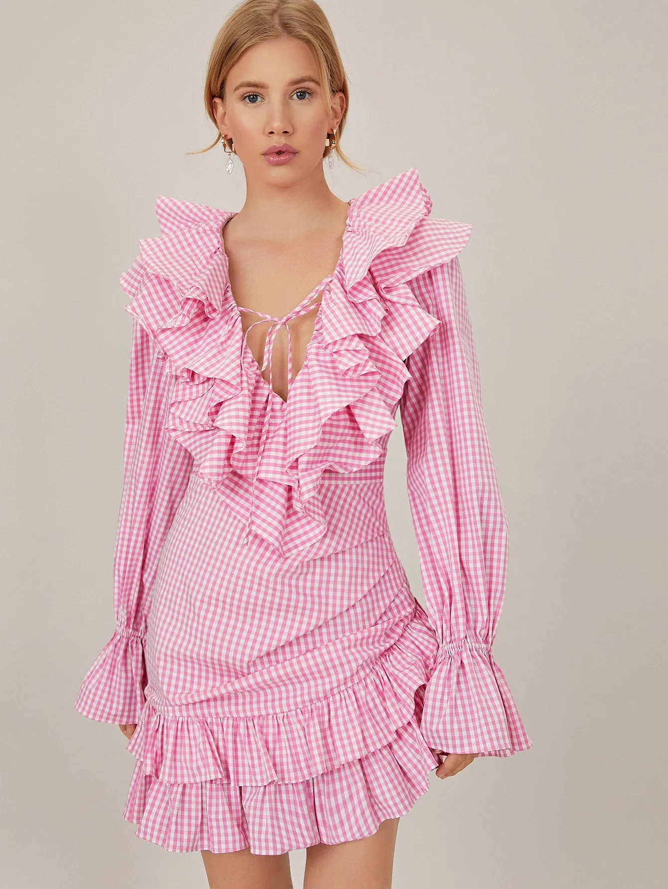 Gingham Asymmetrical Long Sleeve Deep V Neck Layered/Tiered High Waist Short Dress