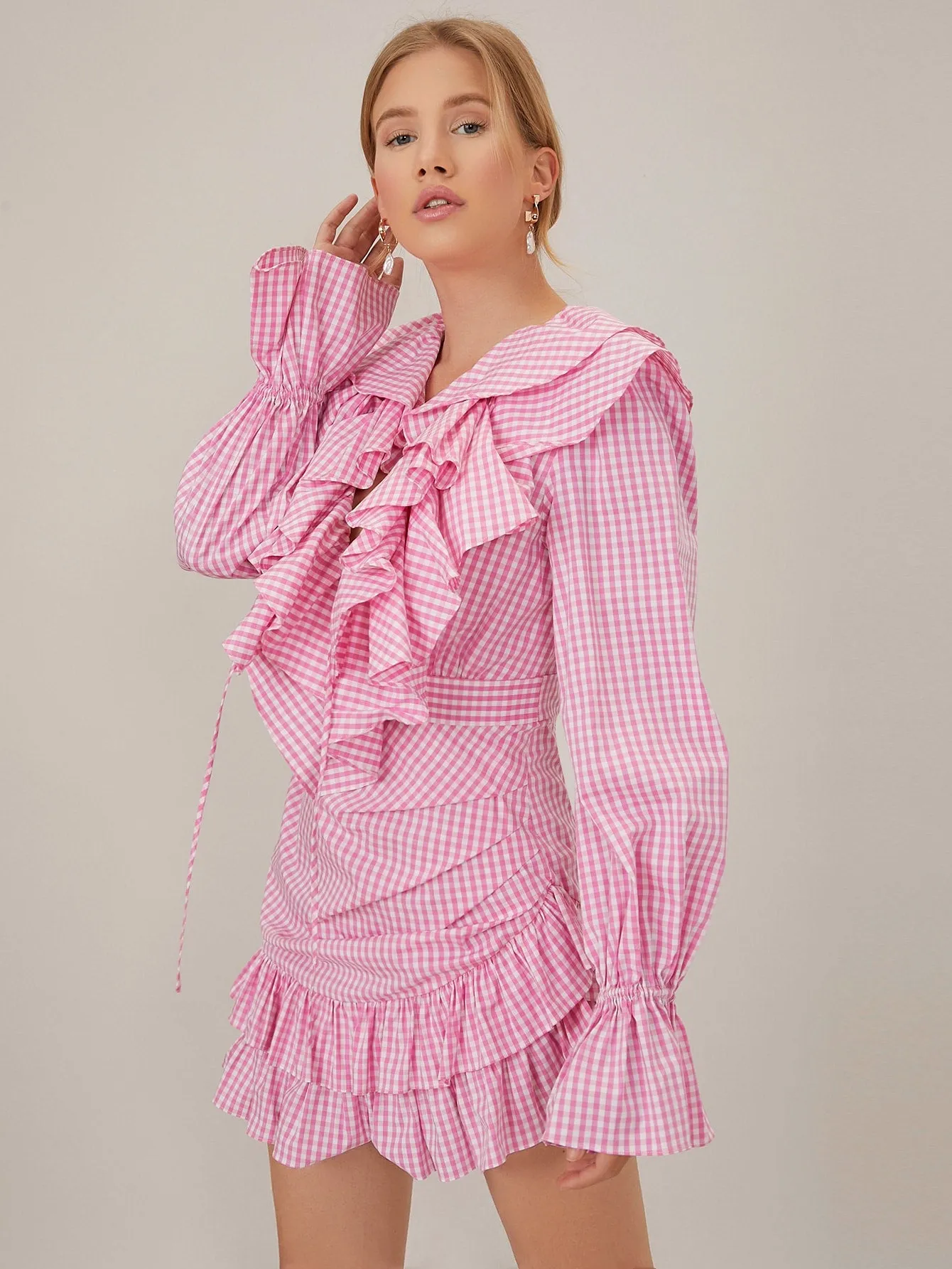 Gingham Asymmetrical Long Sleeve Deep V Neck Layered/Tiered High Waist Short Dress