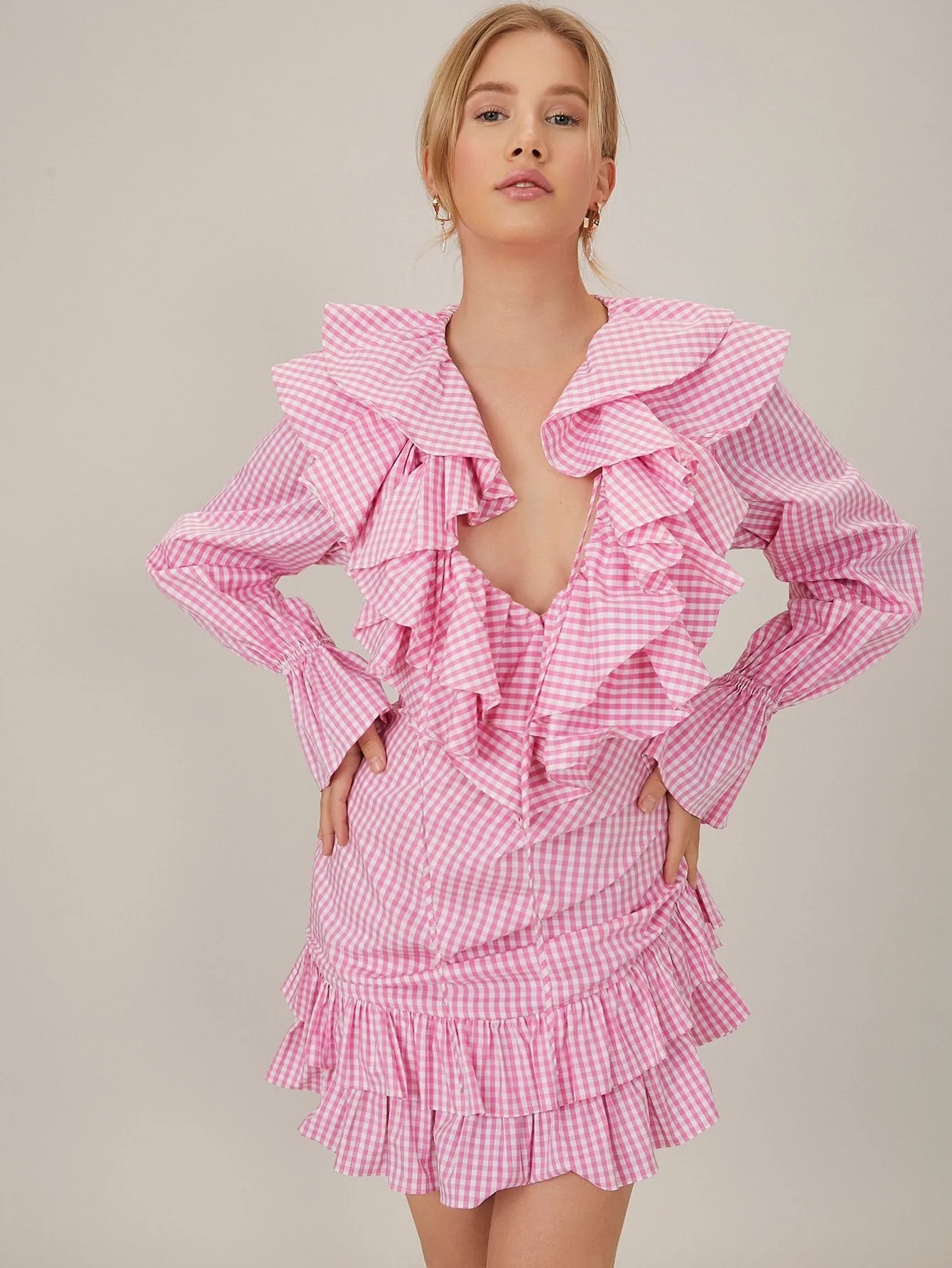 Gingham Asymmetrical Long Sleeve Deep V Neck Layered/Tiered High Waist Short Dress