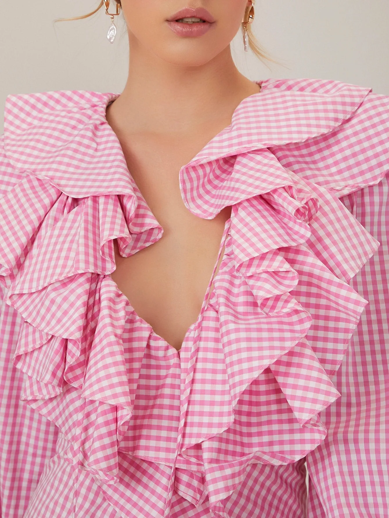 Gingham Asymmetrical Long Sleeve Deep V Neck Layered/Tiered High Waist Short Dress