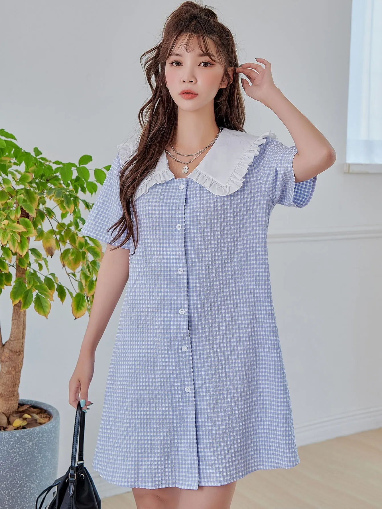 Gingham Button Front Short Sleeve Peter Pan Collar Straight Natural Short Dress